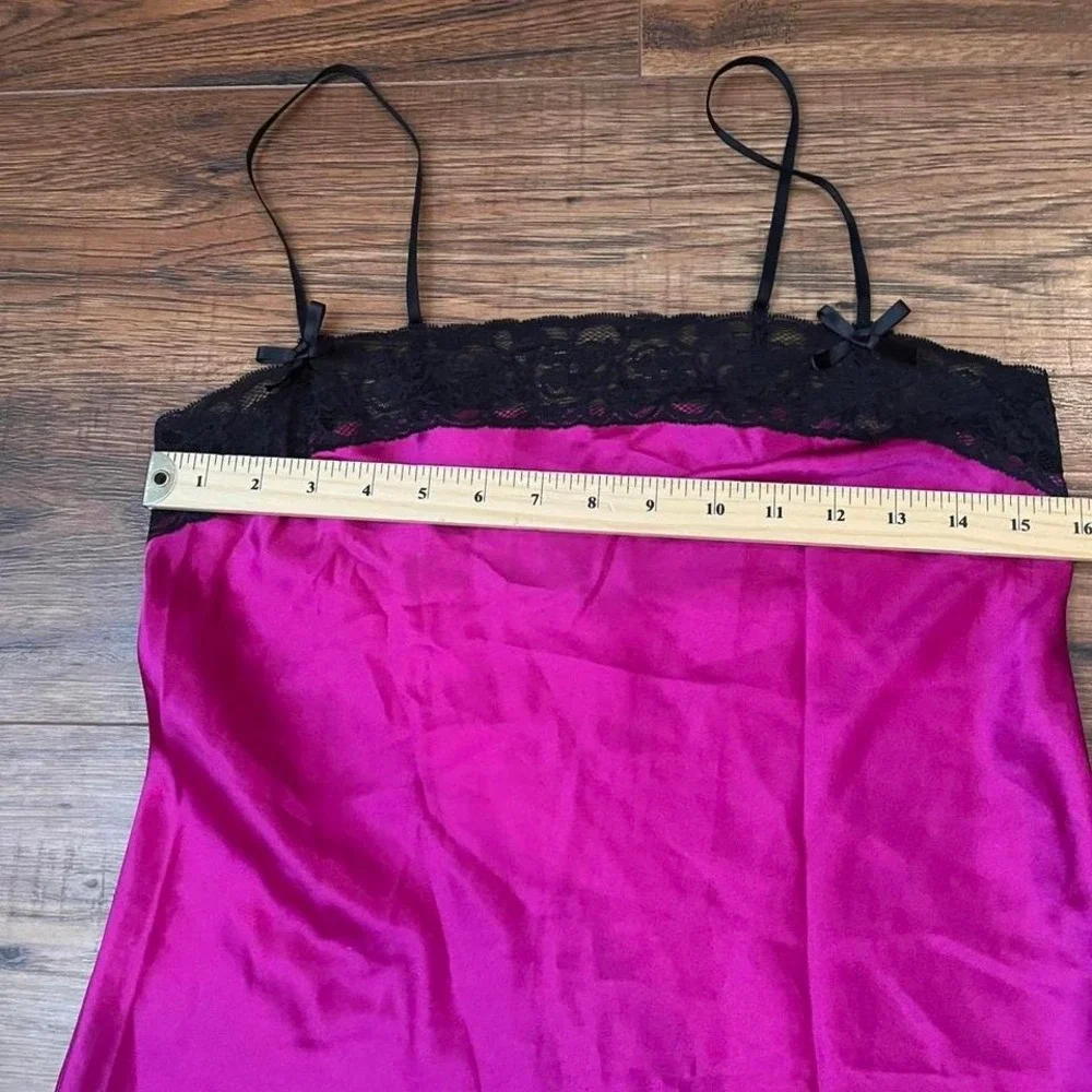 La Senza Pink Satin Slip Dress Black Lace Trim & Bow Women M Y2K Coquette Fairy - Picture 3 of 6